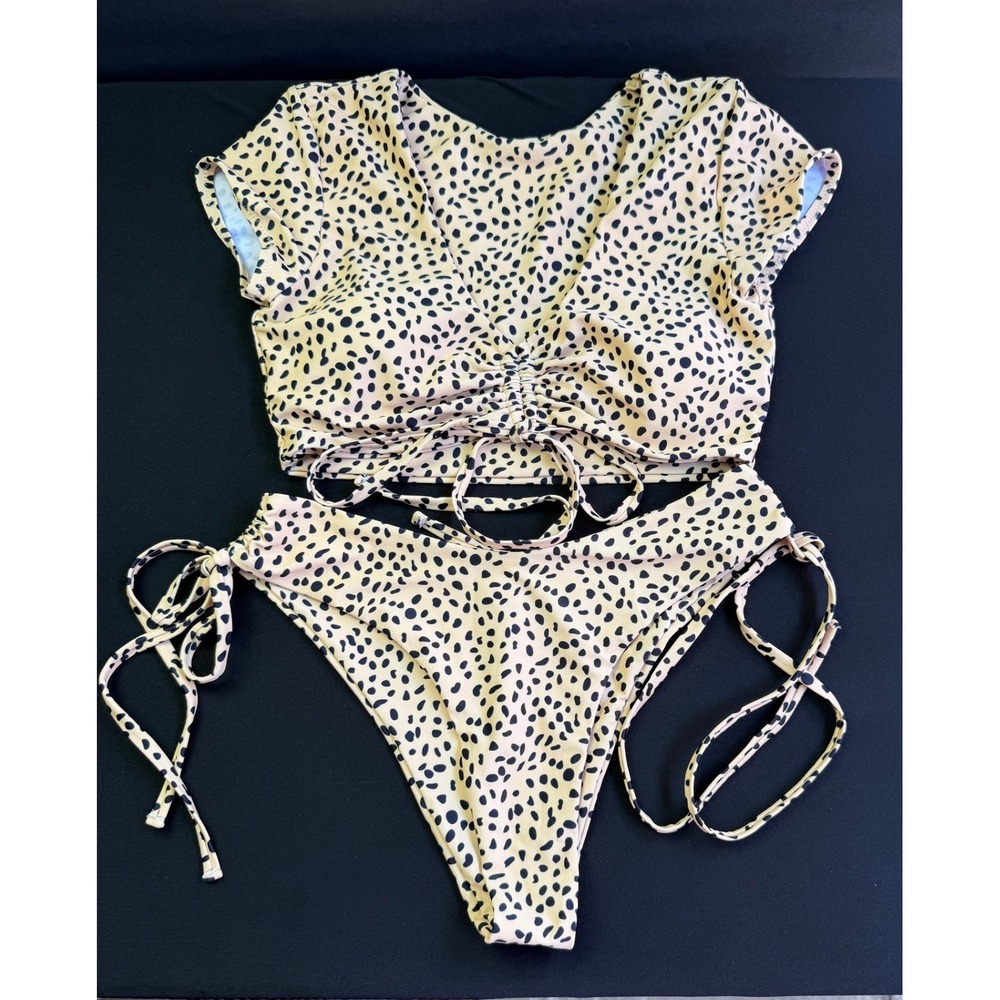 Zaful Small 4 Bikini Set Tan Black Cheetah Print Ruched Crop Top Side Tie Resort - Picture 11 of 11